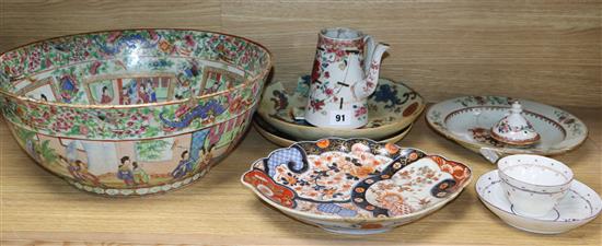 A Chinese famille rose punch bowl and assorted Chinese and Japanese ceramics and earthenware bowl diameter 36cm (a.f.)